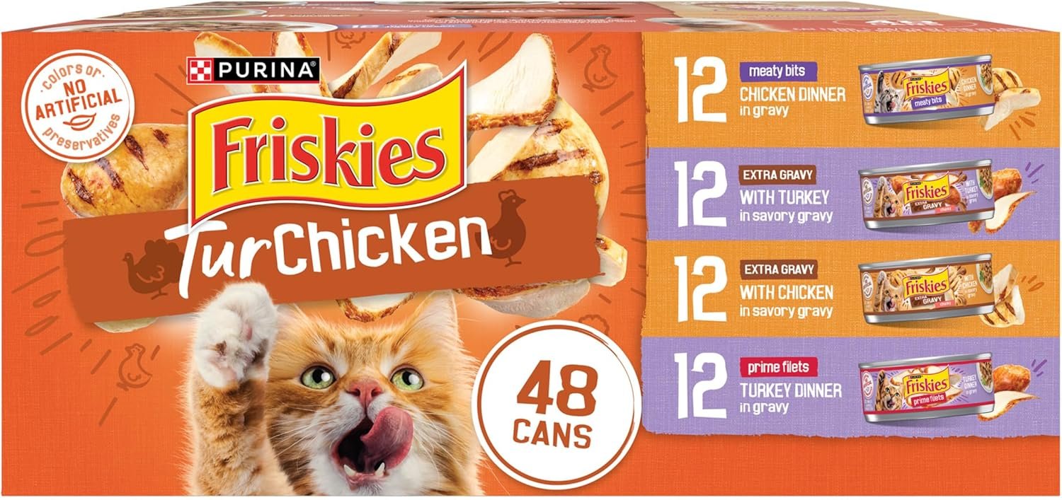 Purina Friskies TurChicken Cat Food Variety Pack, 48 Ct Cans | Turkey and chicken recipes with meaty bits, prime filets, and extra gravy for complete nutrition