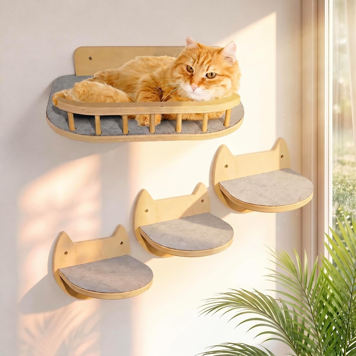 Cat Wall Shelves, Floating Bed with 3 Cat Wall Steps – Natural | Pre-Drilled Anchor Kit for Easy Mount, Cozy Spot for Climbing & Play, Indoor Cats up to 18 lbs, Sustainable FSC Birch Wood