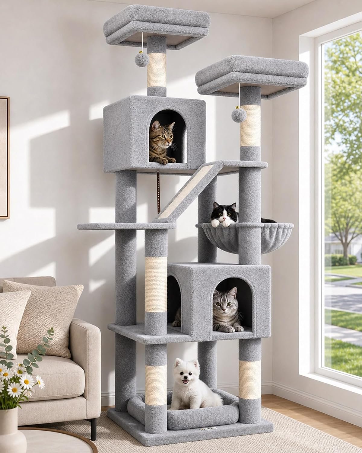 Globlazer F74D Pro Max Cat Tree for Large Cats 20+ lbs, 74in Tall Tower | Easy Assembly, Maine Coon, Large Cats, 2 Condos, Steel-Rim Basket Bowl, Plush Bed, 2 Perches, Sisal Posts, Anti-Topple Strap