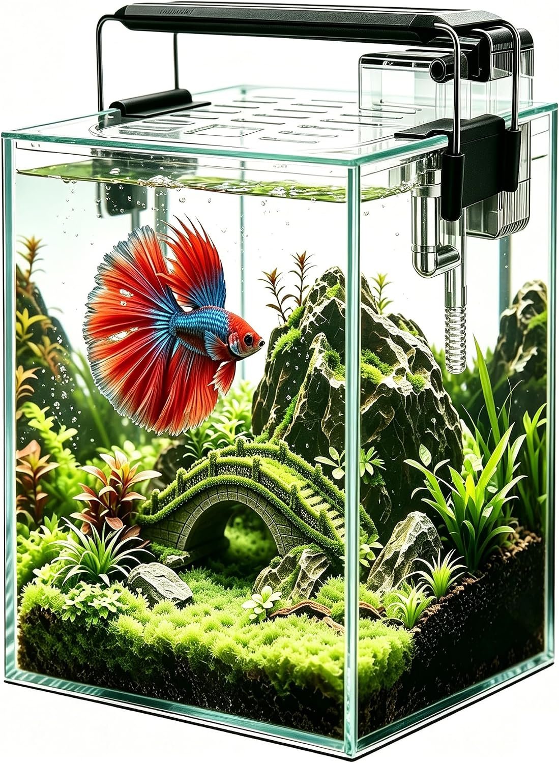 Ultra White Glass Aquarium Starter Kits 1.5 Gallon Small Fish Tank, Betta Fish Tank with LED Light, Power Filter, for Home Office Deco, 4mm Glass