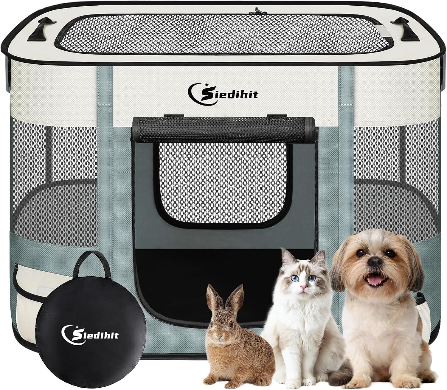 Siedihit 28″ Dog Playpen,Cat Puppy Pen, Pet Portable Crate Indoor Outdoor | Durable Travel Camping Use,Foldable Dog Kennel Tent Cage for Rabbit Small Animals with Carrying Case(Grey, Small)