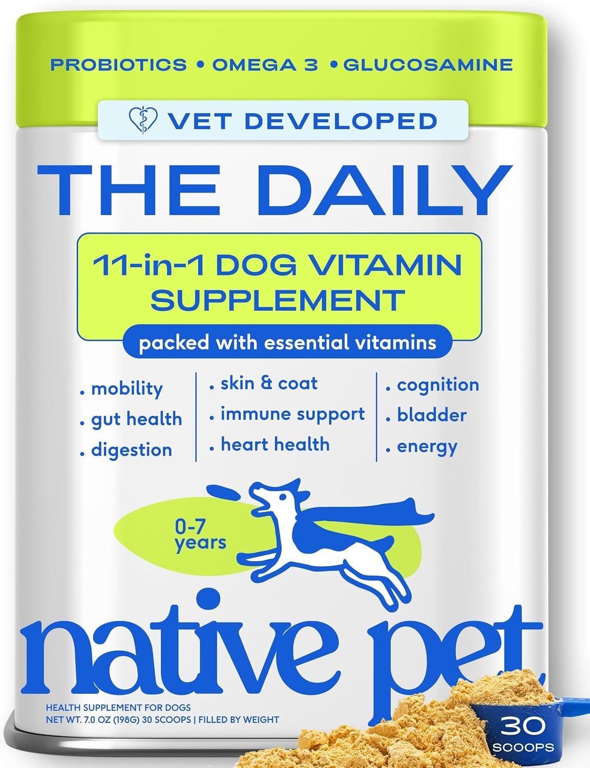 Native Pet The Daily Dog Vitamins & Supplements – 11-in-1 Multivitamin for Dogs – Daily Powder Supplement with Probiotics, Collagen – 30 Scoops