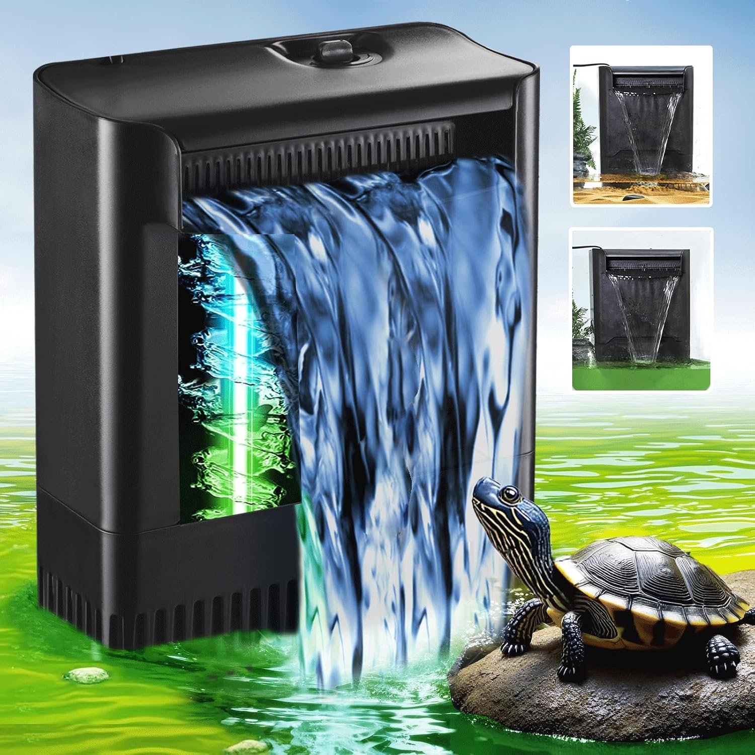 Large Powerful Turtle Tank Filter U V-ery for 40-155 Gal, Low Water Filter Turtle Water Filter for Amphibians Frog Fish Fresh Saltwater Cloudy Green Water Crystal Clear with Turtle Tank Deodorization | Low water level (2.6 IN) available | Kill algae