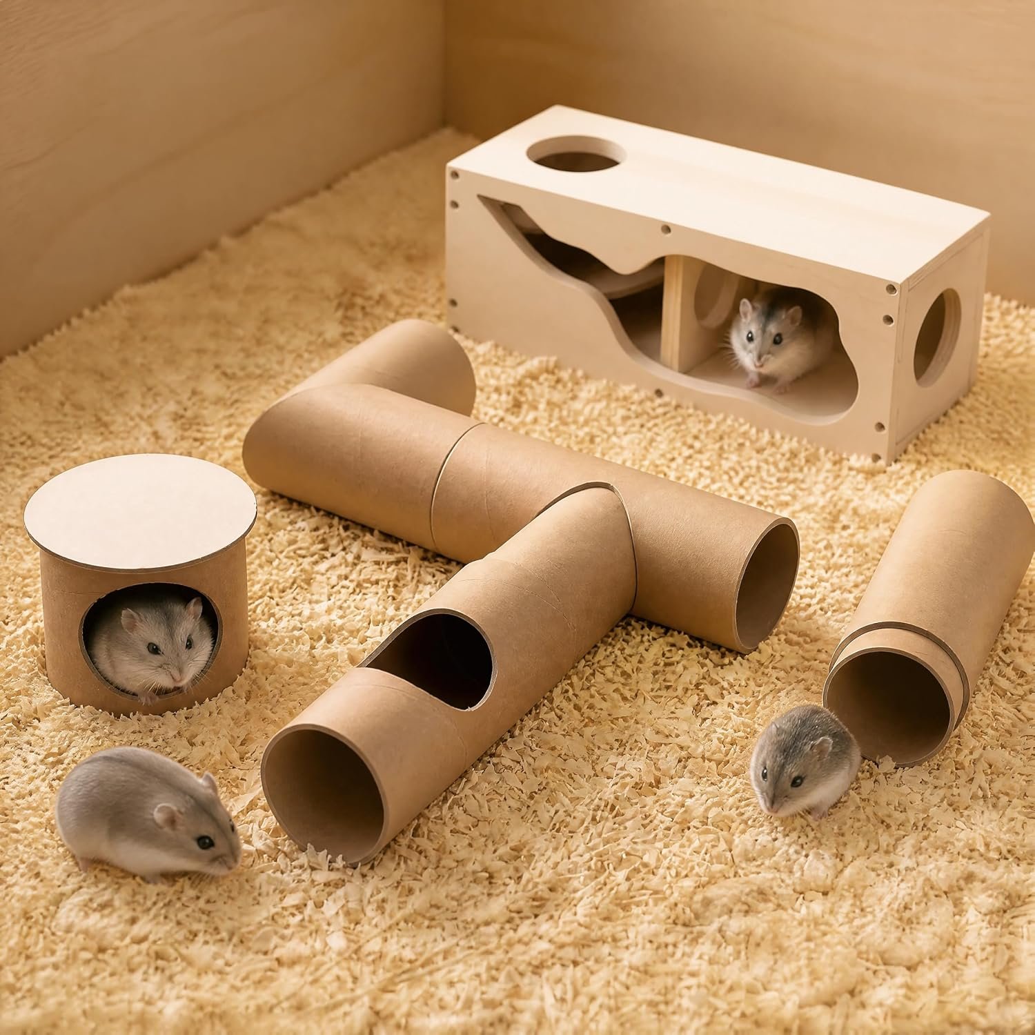 AceOrbit Hamster Tunnel Tubes and Wooden House Set, Composable DIY Hamster Tunnels and Hideout, Small Animal Tube for Mouse Gerbils Mice or Other Small Animals Habitat