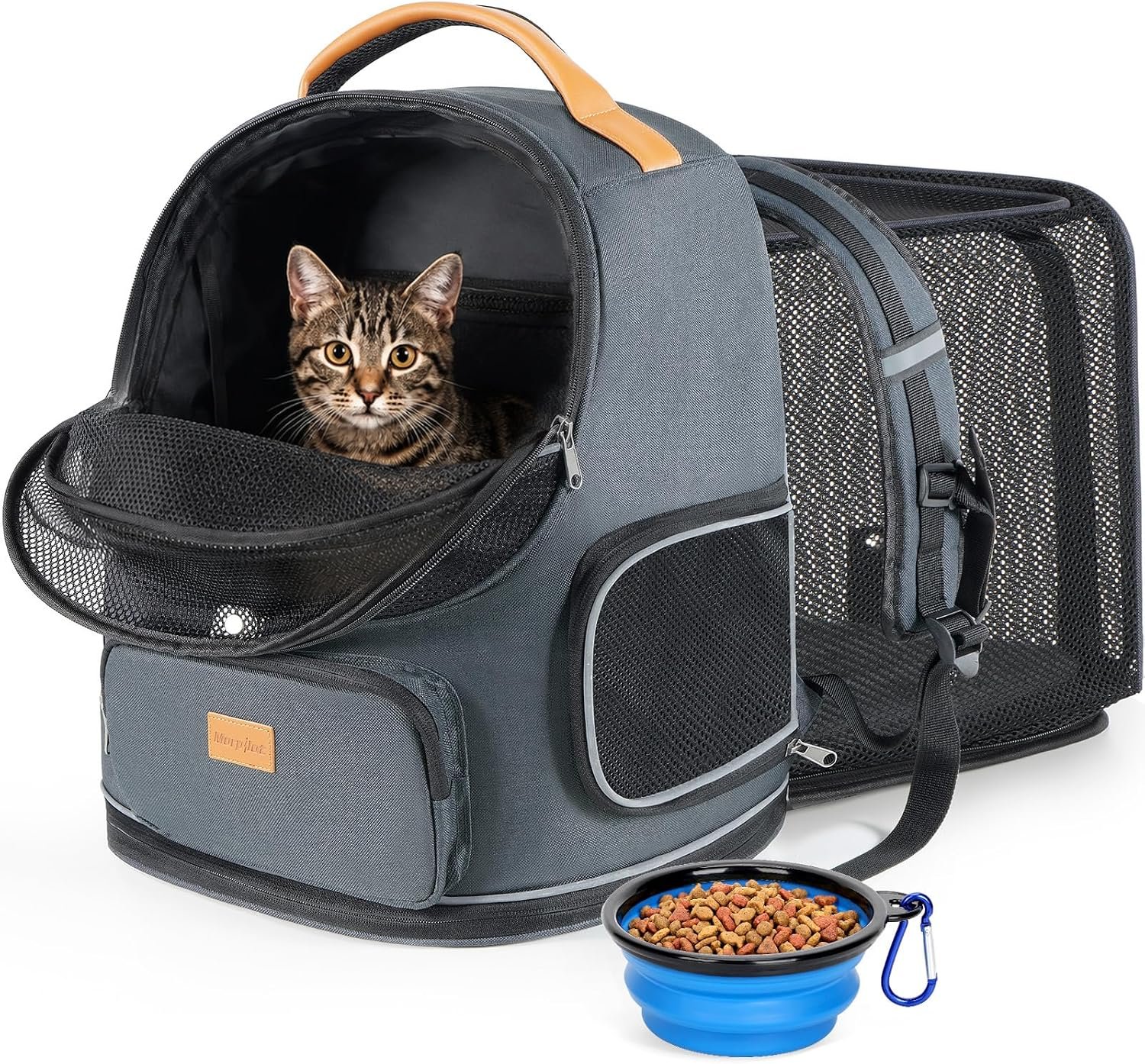Morpilot Expandable Cat Carrier Backpack for Small Dogs & Cats Up to 12lbs | Breathable Mesh Pet Travel Backpack with Safety Leash, Foldable Airline Approved Carrier for Hiking Camping Outdoor, Grey
