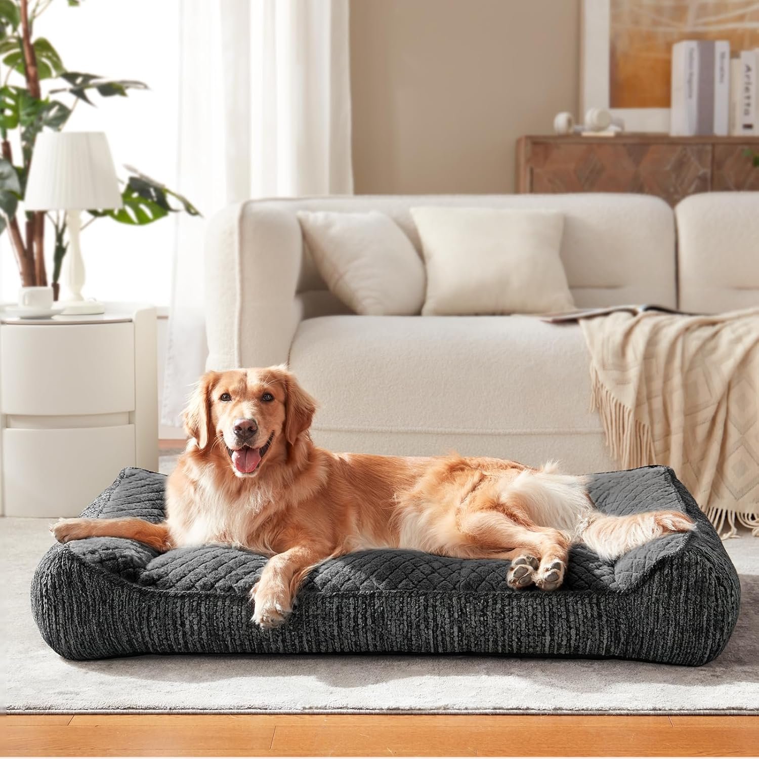 JOEJOY XL Orthopedic Dog Bed for Large Dogs, Extra Thick Foam Pet Bed Sofa | 42″ Extra Large Dog Couch Bed with Bolster Sides & Removable Washable Cover, Grey