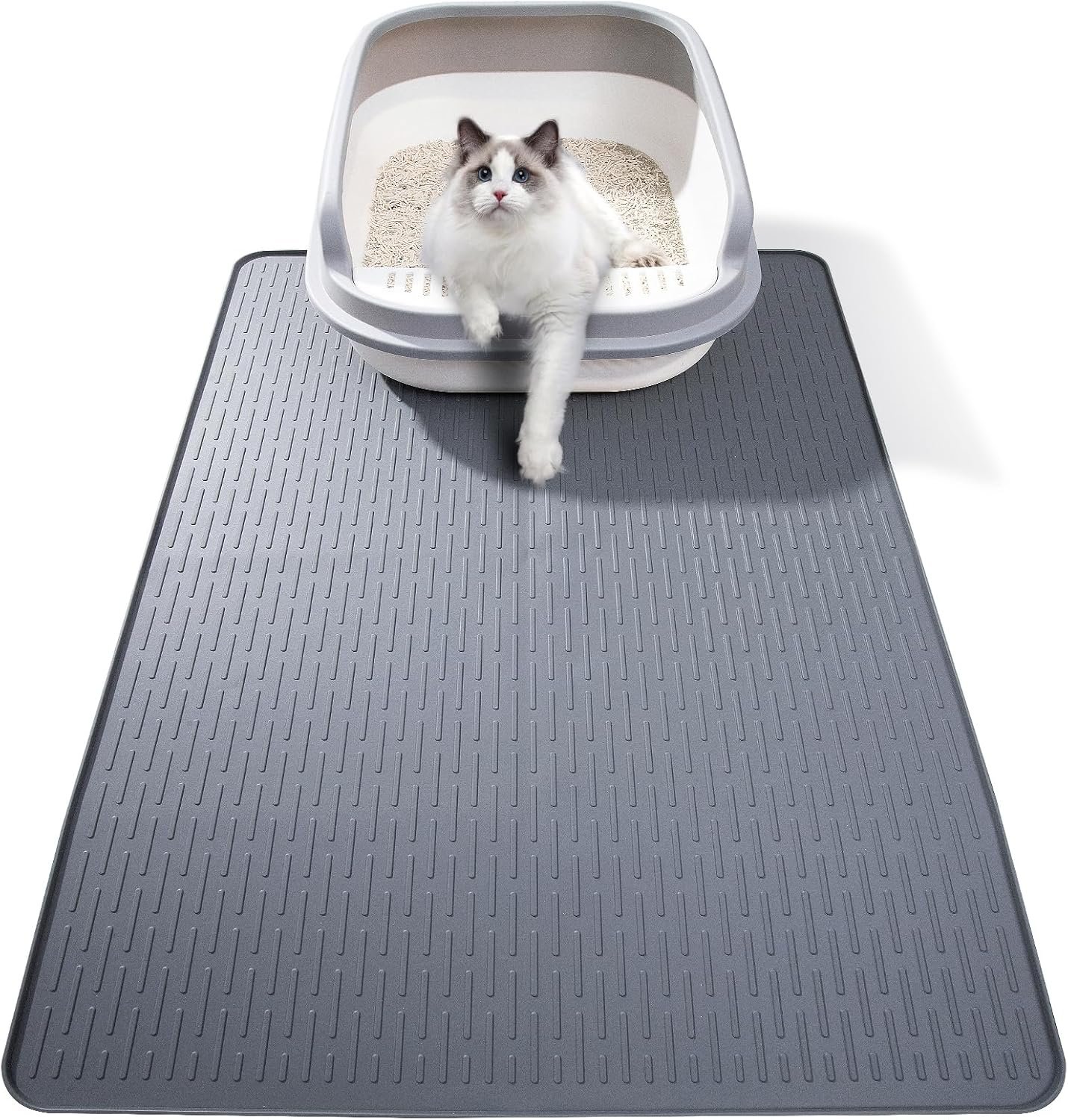 Silicone Cat Litter Mat, Waterproof, Raised Edge, 28 x 20 in, Gray | Quick-clean silicone, traps litter, leakproof floor protection, non-slip base, doubles as feeding mat
