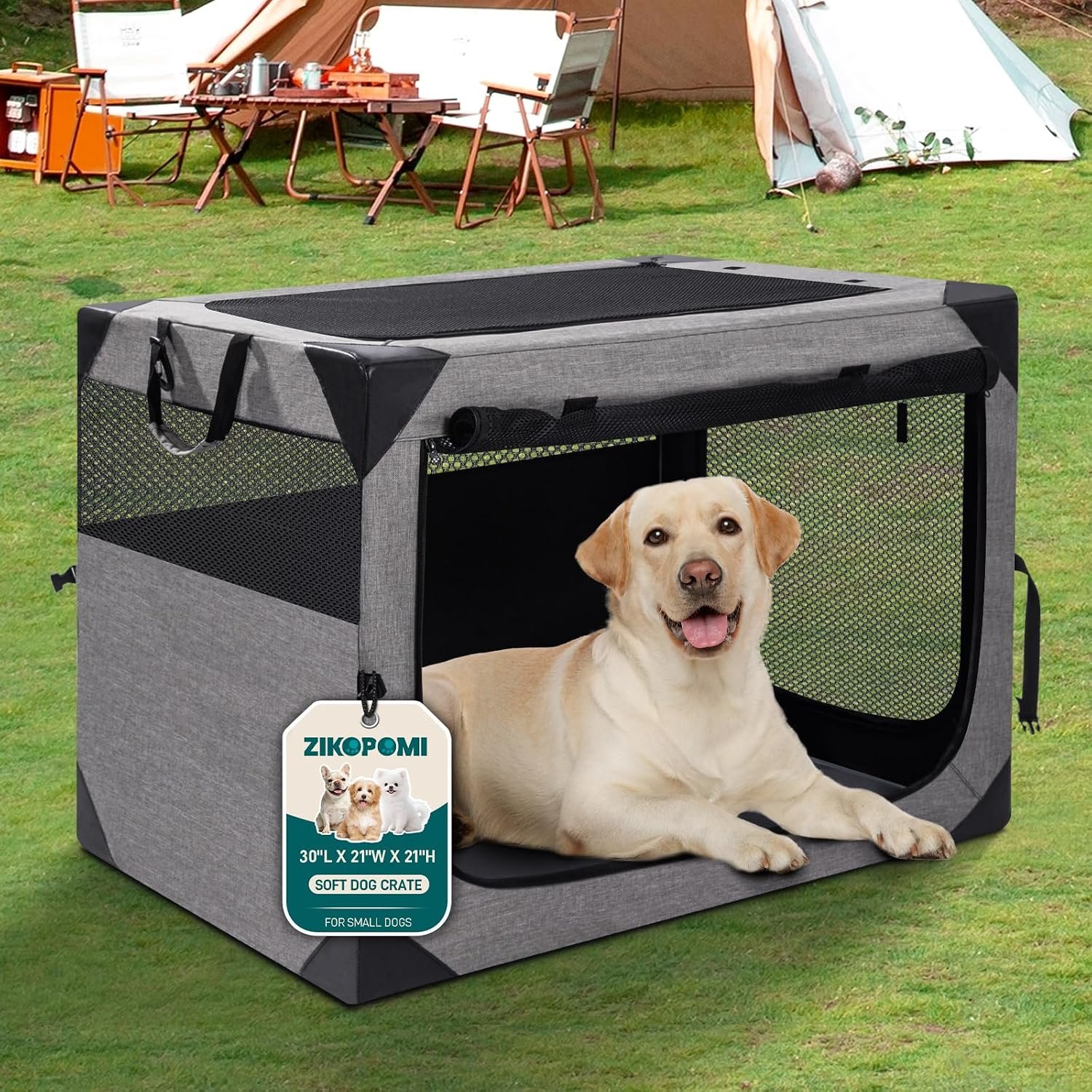 Zikopomi 30 Inch Portable Travel Dog Crate, 3 Door Collapsible Soft Pet Kennel with Durable Mesh Windows for Small and Medium Dogs, Foldable Dog Cage with Storage Pocket for Outdoor (Light Grey)