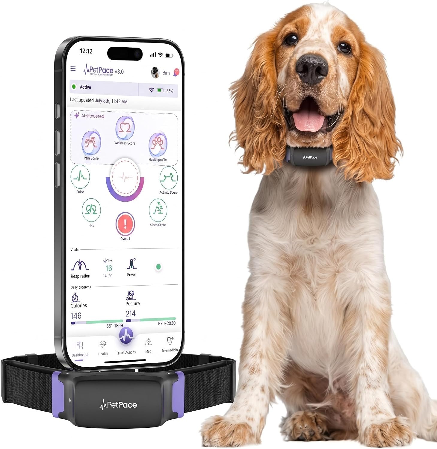 V3.0 Dog Health Monitor – AI Health Collar with 24/7 Vital Signs Tracks Pain GPS, Telehealth AskaVet & Share with Your Vet & Apple Watch Sync – Subscription Required (Medium)