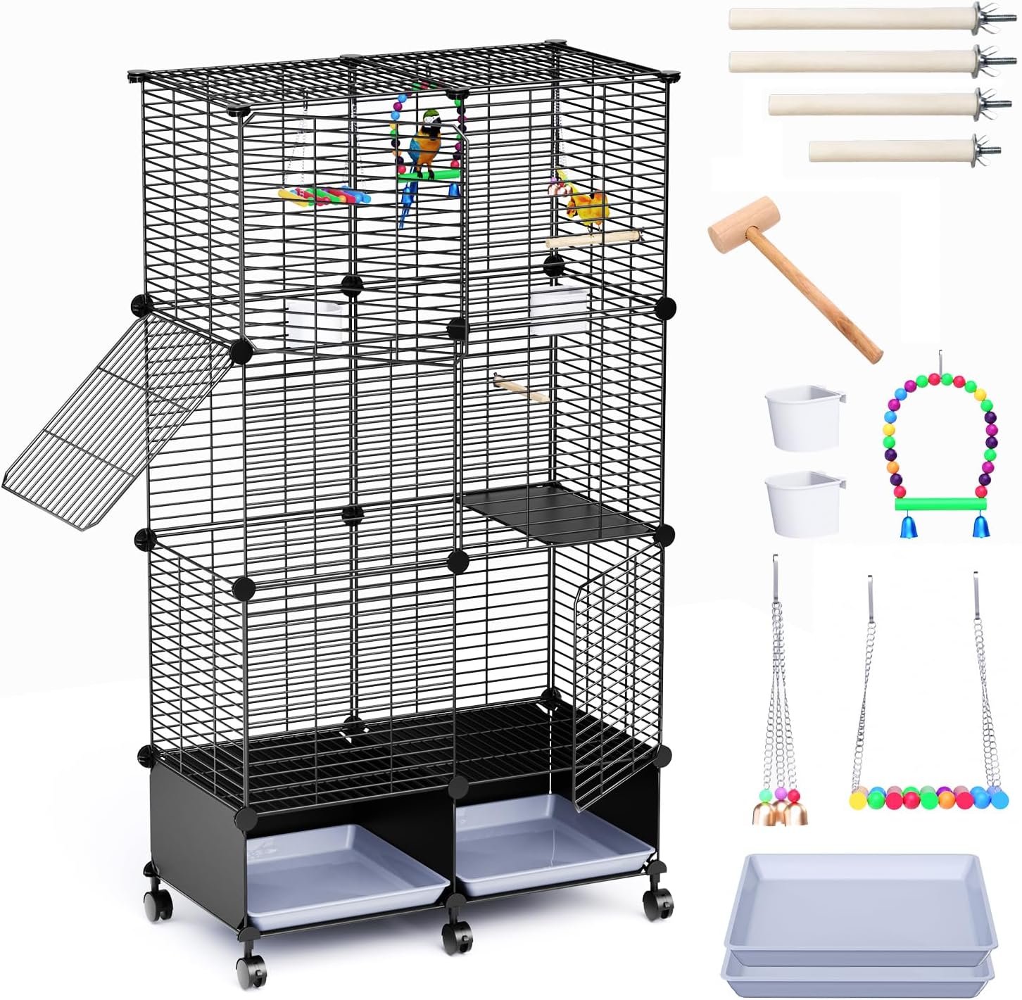 46-Inch Bird Cage, Metal Parakeet Cage with Wheels | Flight Cage with Perches, Slide-Out Trays, Bowls & Bird Toys for Cockatiels, Lovebirds & Small to Medium Birds