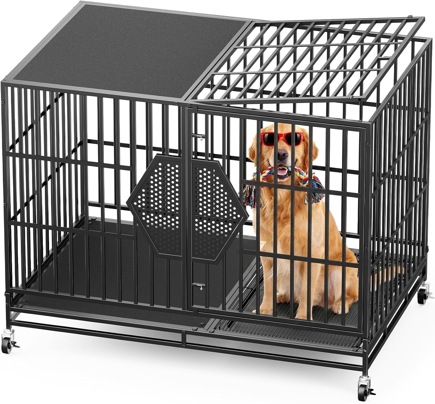 CAMMOO 48” Heavy Duty Dog Crates for Large Dogs, Dog Kennel Indoor | For High Anxiety Dog, Escape-Proof Dual Top Fences, Reinforced Square Tube Frame, Easy-Clean Split Floor, Extra-Wide Door