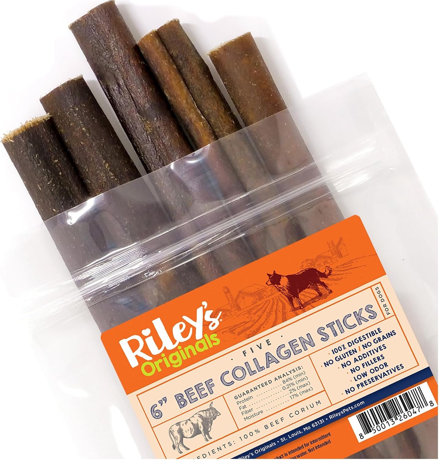 Riley’s 6″ Beef Collagen Sticks for Dogs – 100% Natural Beef – 5ct | Digestible Collagen Chews for Dogs – Single Ingredient, No Hide Chews – Grain-free and Gluten-free Pet Treat