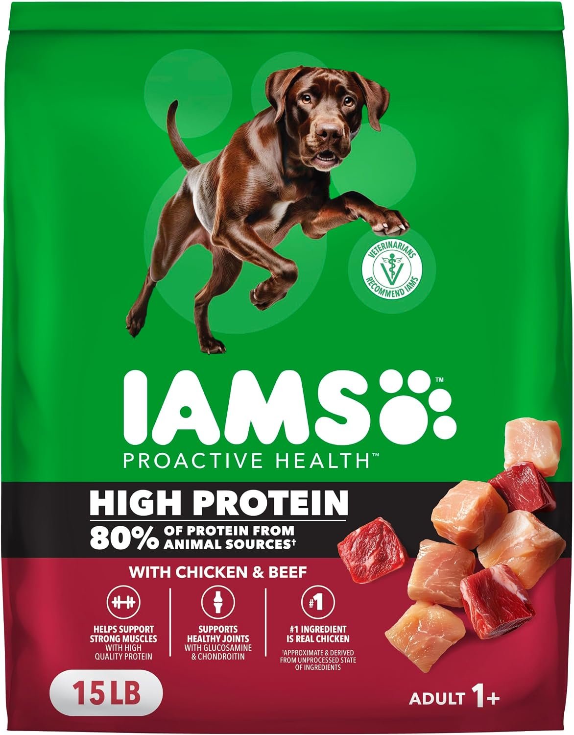 IAMS Proactive Health High Protein Dry Dog Food, Chicken & Beef, 15 lb | 80% animal-source protein, glucosamine & chondroitin for joints, no fillers or artificial flavors, 100% complete & balanced