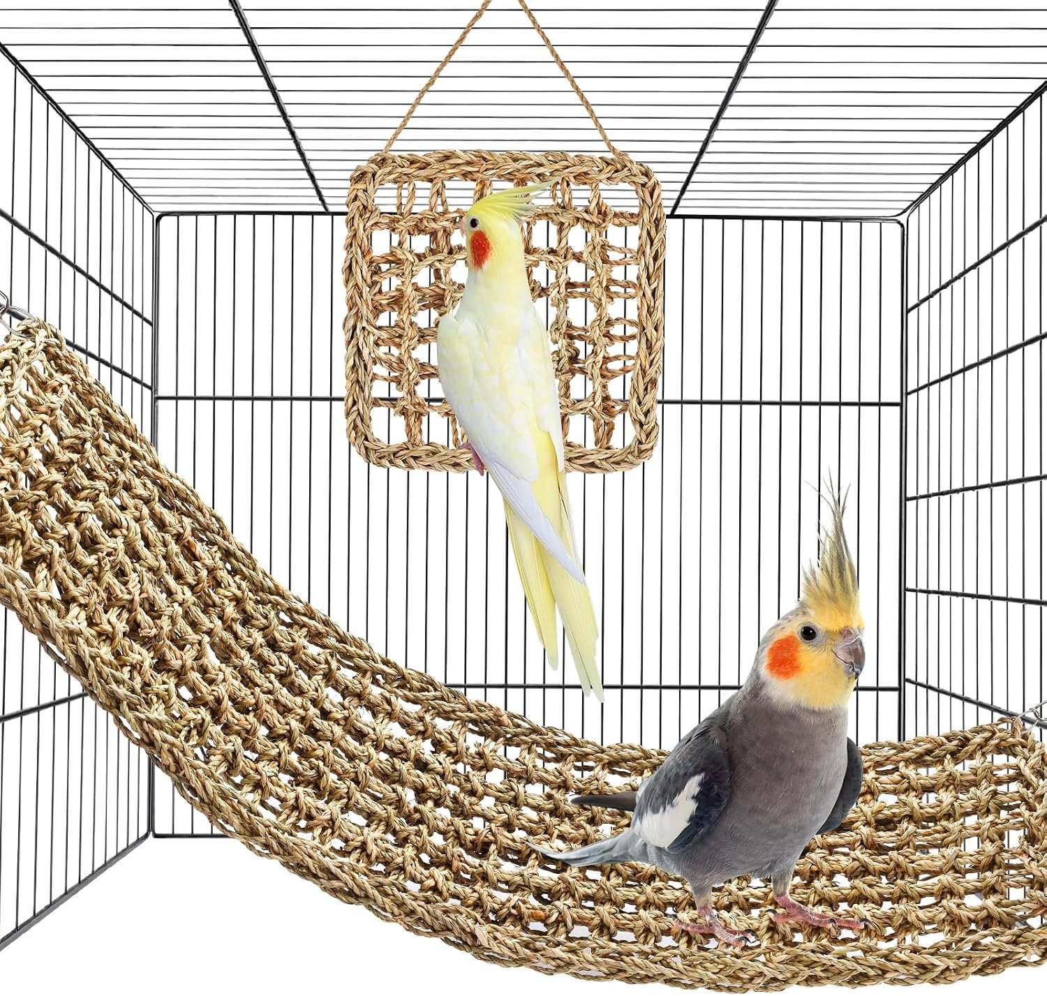 2Pcs Natural Sea Grass Parrot Mat – Foraging Chew Wall Toy with Climbing Rope & Hook, Hanging Play Pad for Lovebirds/Cockatoos/Budgerigars/Conures/Pigeons | 2 Sizes29.53×6.89 &7.48×7.48 Inches