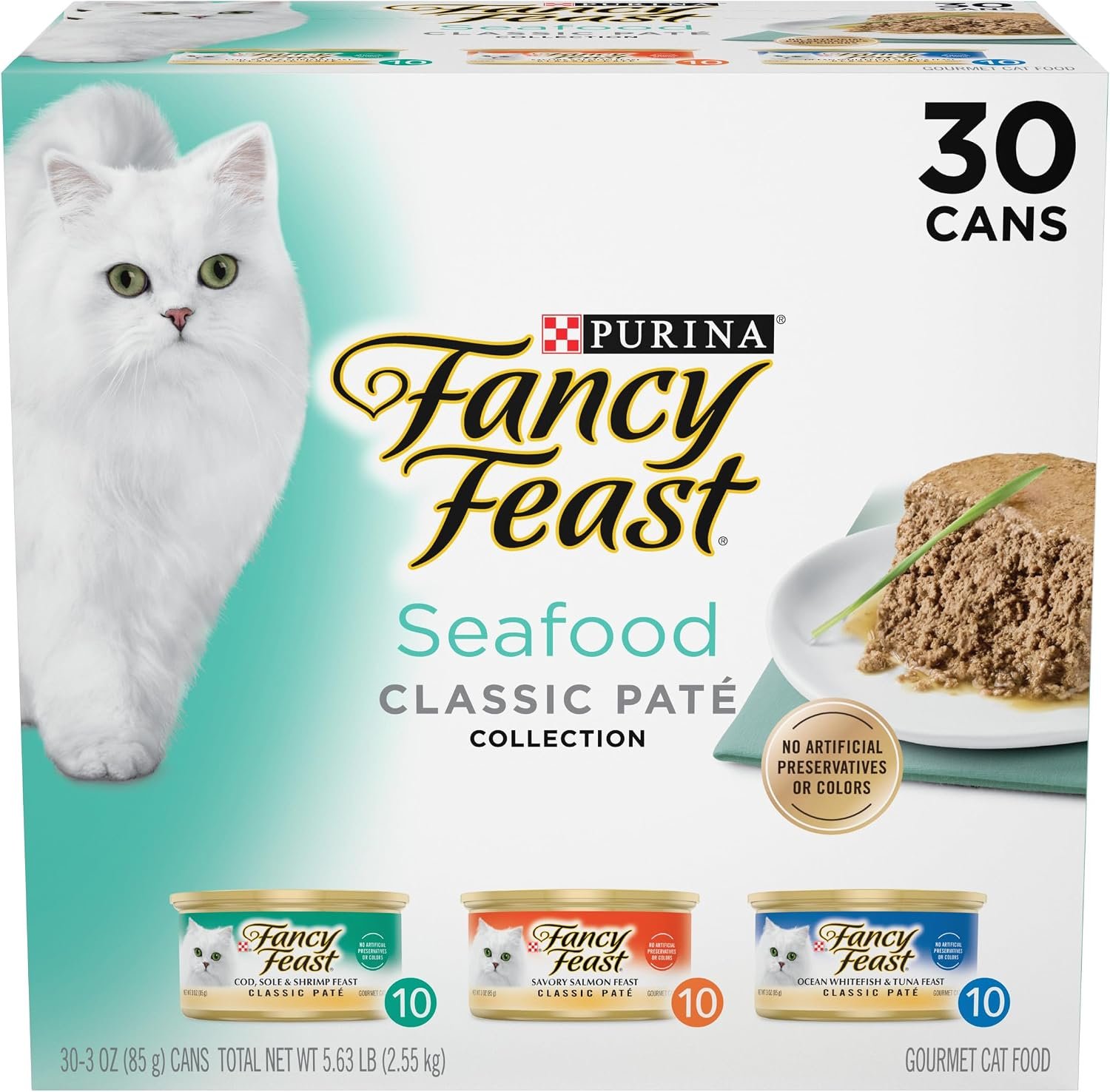 Purina Fancy Feast Seafood Classic Pate Variety Pack, 3 oz Cans, 30-Pack | Grain free wet cat food made with no artificial colors or preservatives, 100 percent complete and balanced