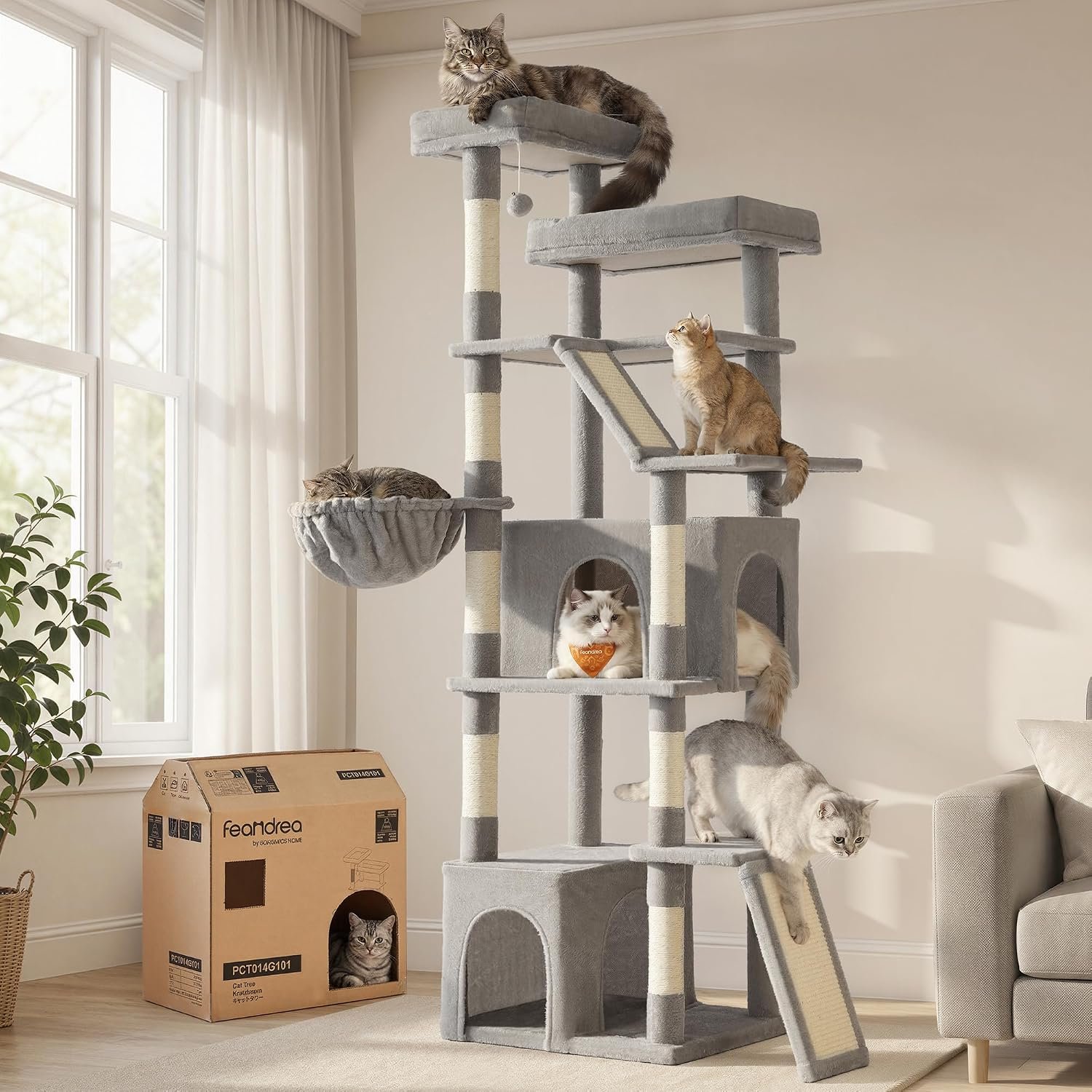 Feandrea 72.6-Inch Tall Cat Tree Tower for Indoor Extra Large Cats, Scratching Posts, Scratching Boards, Multi-Level Design, Dove Gray UPCT014G101S