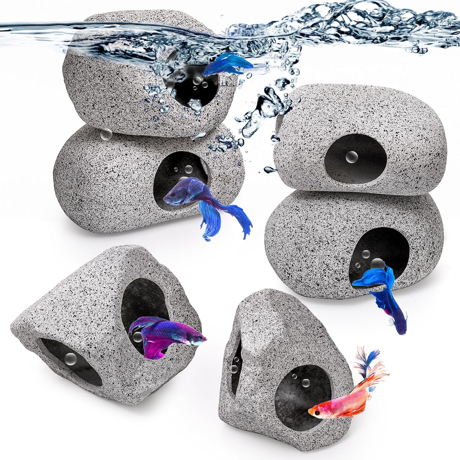 Eorbow 6 Pack Aquarium Decoration Rock Caves, Betta Fish Tank Hideaway, Hideout Stones House Decor for Cichlid Shrimp Territorial Fish Hiding Breeding Spawning, Fish Tank Ornaments