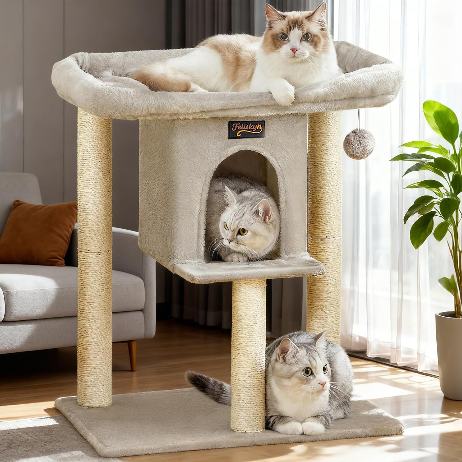Cat Tree Tower Scratching Post for Indoor Large Adult Cats with Perch Bed | 28in Tall Small Cat Trees House with Big Perch, Condo, Toy Balls, Modern Kitten Climbing Furniture Platform, Light Gray