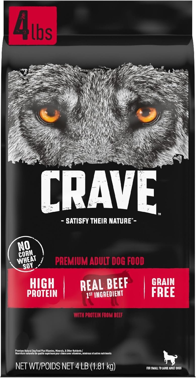 CRAVE Grain Free High Protein Adult Dry Dog Food, Beef, 4 lb. Bag | 34% protein, real animal protein, no by-product meal, no corn, wheat, soy, no artificial flavors, energy support