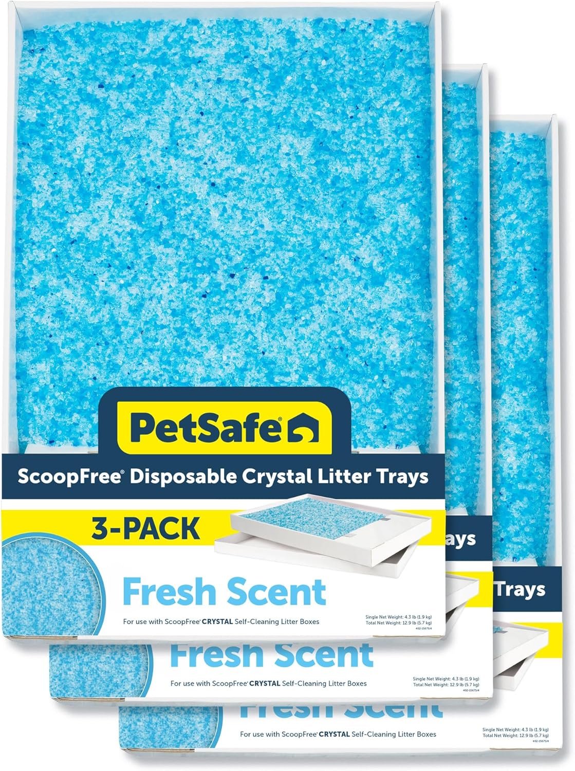 PetSafe ScoopFree Self-Cleaning Cat Litter Box Tray Refills with Premium Blue Non-Clumping Crystals, 3-Pack | No-Scoop Crystal Cat Litter, 5x Faster Odor Control, 99% Dust-Free, Easy Cleanup, Leak-Proof Disposable Tray Refill with Lid