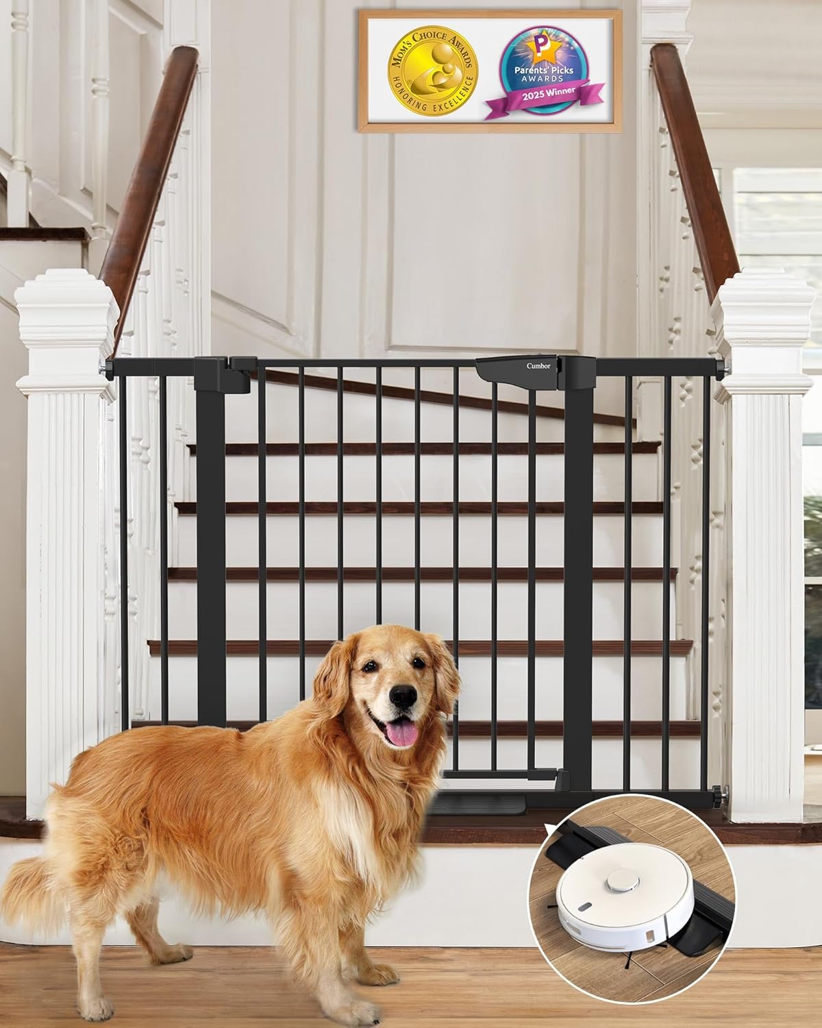 Cumbor 30-46″ Baby Gate for Stairs, Auto Close Dog Gate for the House Black | Easy Install Pressure Mounted Pet Gates for Doorway, Dual Lock Indoor Safety Gate for Baby & Dog, Mom’s Choice Awards Winner