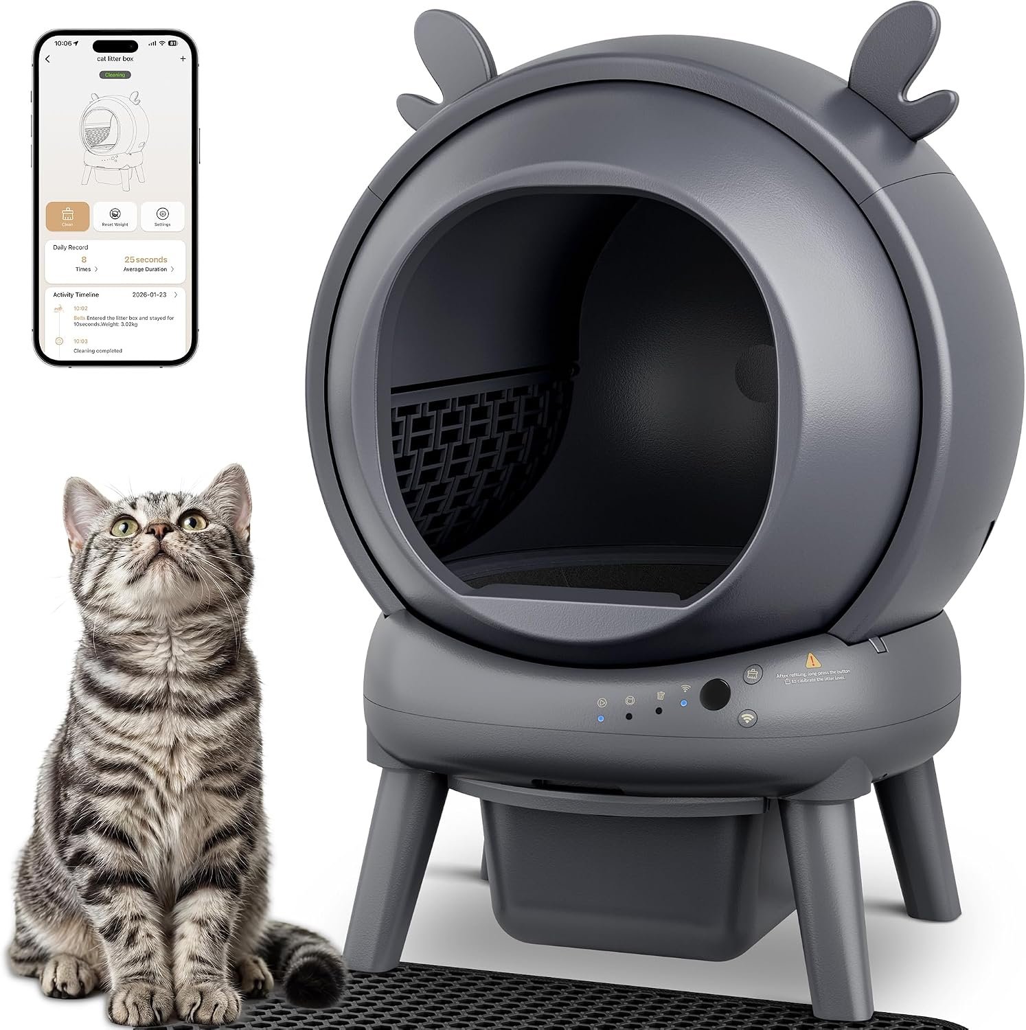 Automatic Self Cleaning Litter Box, Cat Litter Box with APP Control, 65L Globe & Dual Safety Sensors, Robot Litter Box, 1 Roll Garbage Bags and Litter Mat,