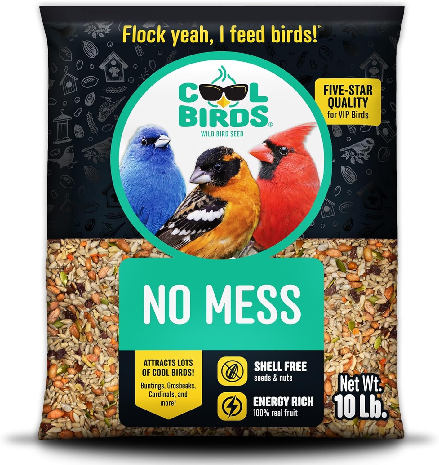 Cool Birds No Mess Wild Bird Seed, 10 lb | 100% Edible Shell-Free Blend of Sunflower Hearts, Peanuts, Tree Nuts, Pumpkin Seed & Real Fruit