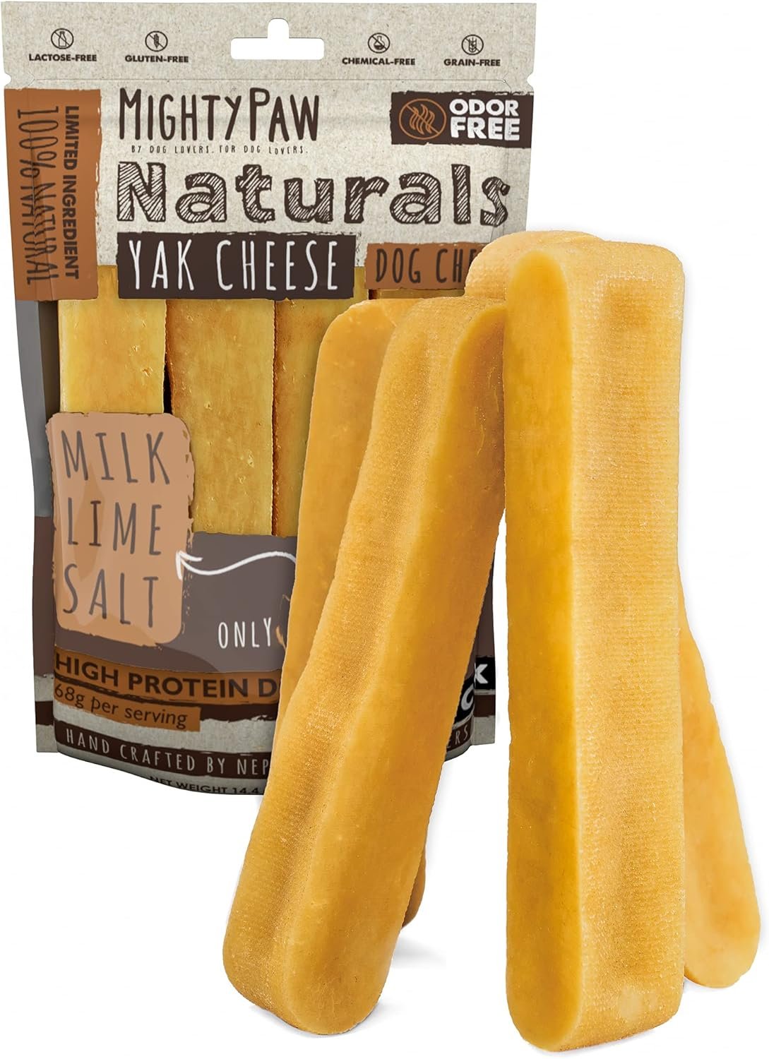 Mighty Paw Yak Chews, Long Lasting Hard Chew for Large Dogs, 4 Pack | Milk, Salt & Lime Juice, Grain-Free, Lactose-Free, Odor-Free, 68g Protein Per Stick, Aggressive Chewers, Puppy Teething