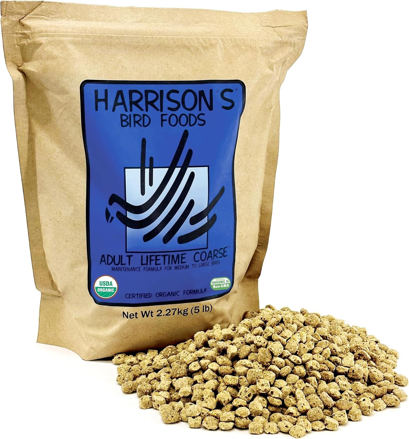 Harrison’s Bird Foods Adult Lifetime Coarse Certified Organic Non-GMO Daily Maintenance Formula for Medium to Large Birds, Parrots, Cockatoos, Macaws etc, Suitable for All Life Stages 2.27kg/ 5lb