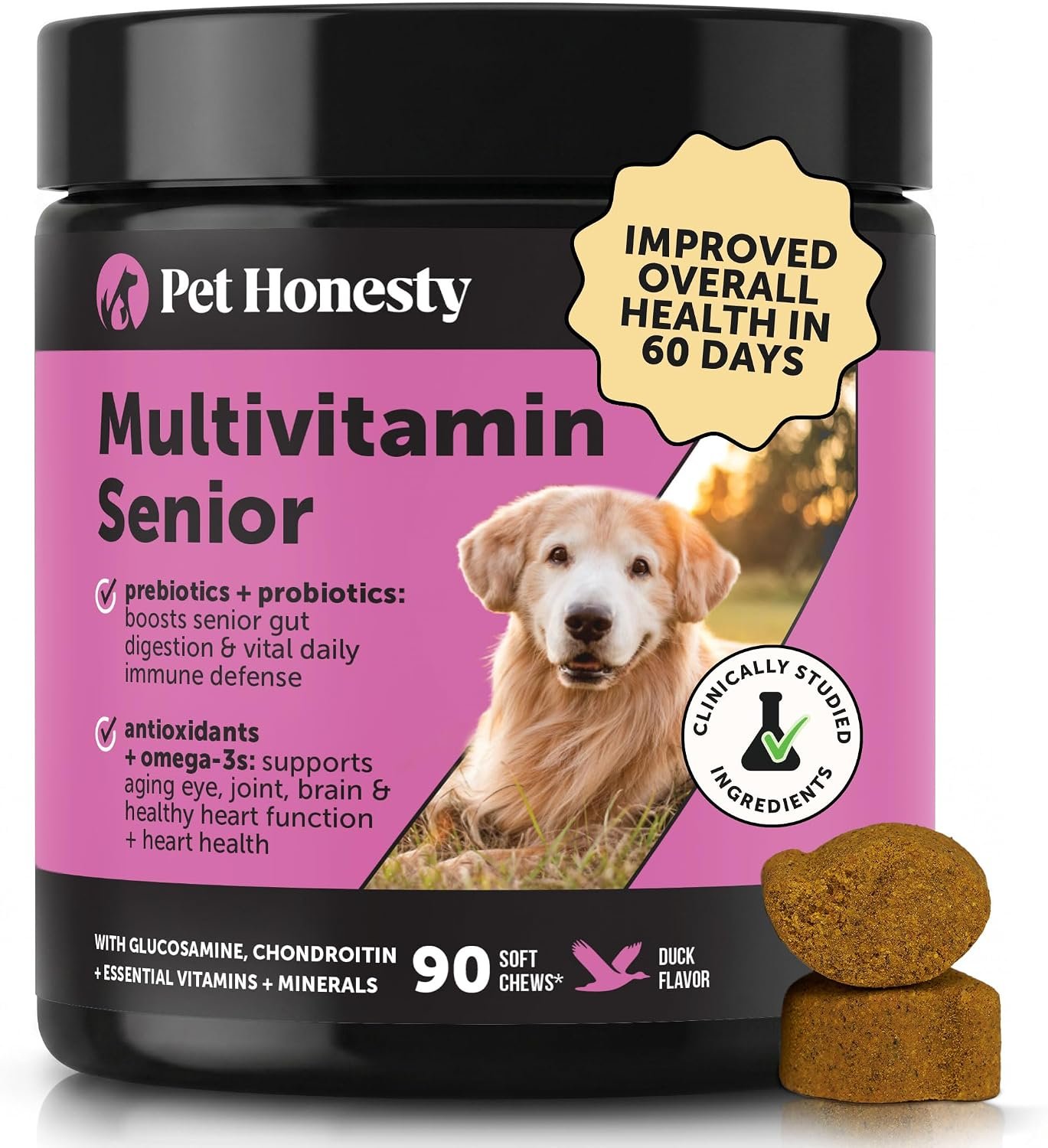 Pet Honesty Vet Recommended Senior Dog Multivitamin, 90 Ct, Duck | 10-in-1 Dog vitamins for older dogs, supports hip & joint stiffness, eye, brain & heart health, with glucosamine & probiotics
