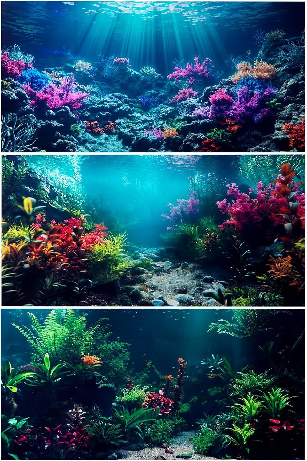 3 Pack Aquarium Background, 48×18 inch Polyester Aquarium Background | Cloth Fish Tank Background, Undersea Corals Sunshines & Rock Aquatic Plants, Backgrounds for Fish Tank
