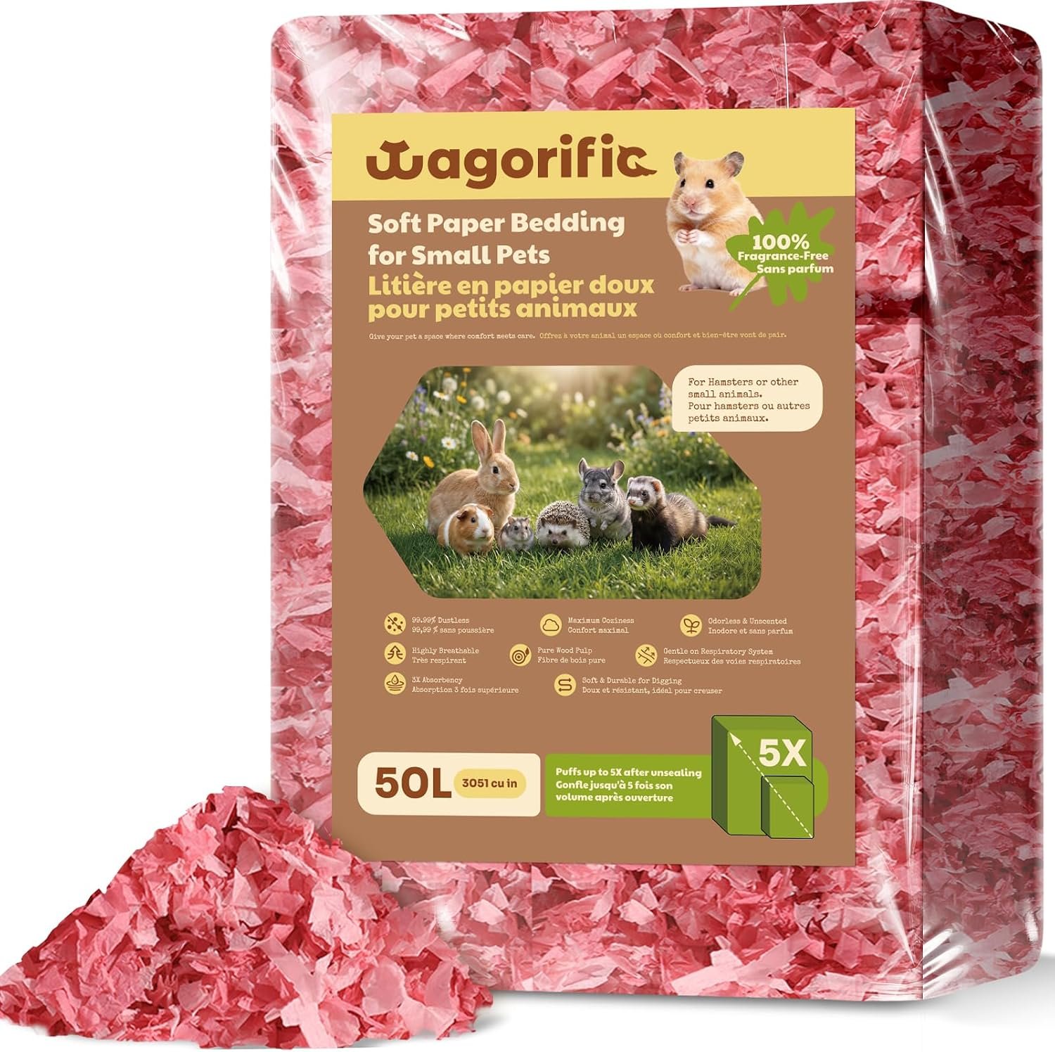 Hamster Bedding Odor Control, Small Animal Paper Bedding 50L | Guinea pig bedding expands 5X, creating soft absorbent fill for burrowing, nesting, moisture control and fresher cages daily