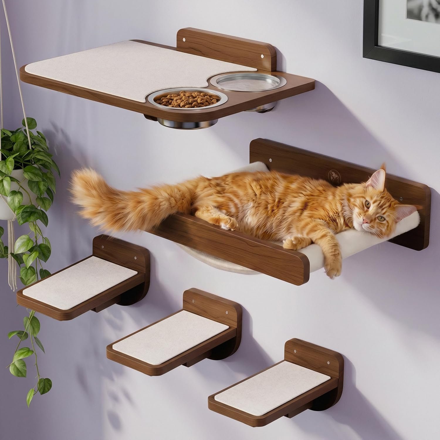Cat Wall Shelves – Wall Mounted Cat Shelves with Feeding Station | Walnut Finish, Solid Pinewood, Beige Carpet, Supports Up to 33 lbs, Stainless Bowls, Dog-proof, Lounging, Climbing