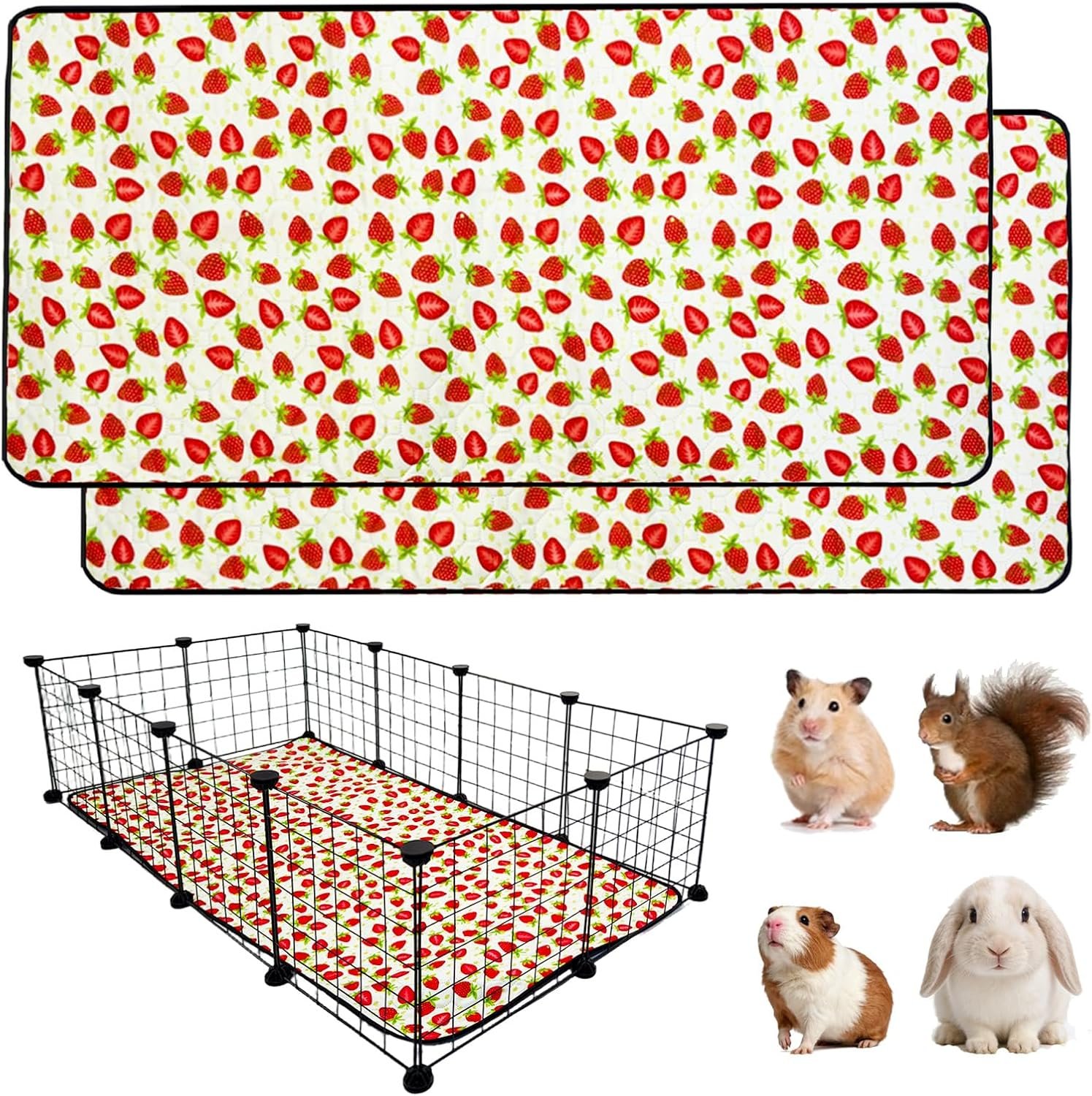 2 Pack Guinea Pig Cage Liners, 24″x48″ Washable Waterproof Bedding for Rabbit, Bunny, Hamster & Small Animals, Reusable Super Absorbent Pee Pads for C&C Cage, Strawberry Print