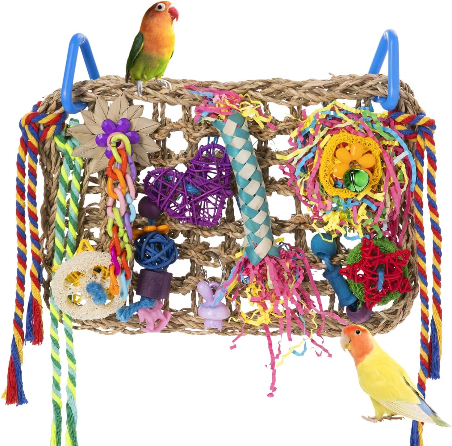 Bird Toys, Bird Foraging Shredding Toys for Parrot Parakeet Seagrass Woven Mat Chew Toys Hanging Hammock Toy for Lovebirds, Conures, Cockatiel, Finch and Small Birds (Hammock Wall)