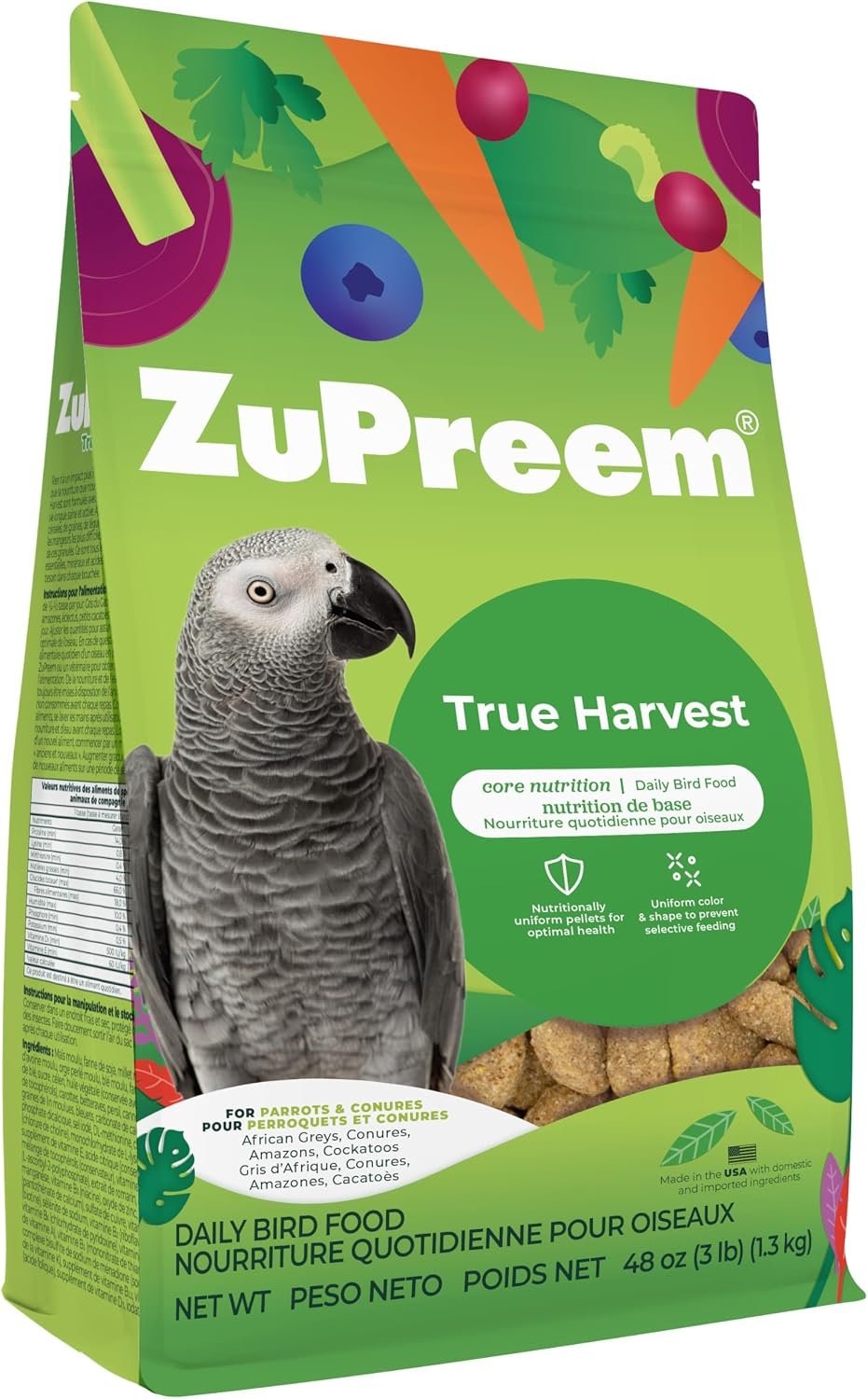 ZuPreem True Harvest Parrot & Conure Food, Uniform Bird Food, M/L, 3 lb | Bird Food Pellets, ZuPreem Natural Pellets, Conures, African Greys, Caiques, Eclectus, Small Cockatoos, Made in USA