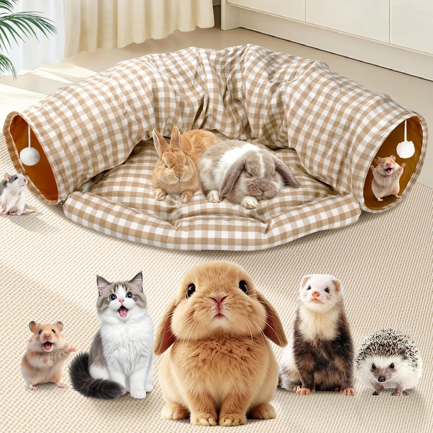 Spardar 2-in-1 Bunny Tunnel Bed, with Removable Mat Hideout, Checkered | Collapsible Tunnel Tubes Toys, Washable, Interactive Toys for Rabbits, Chinchilla, Hedgehog, Guinea, Kitty