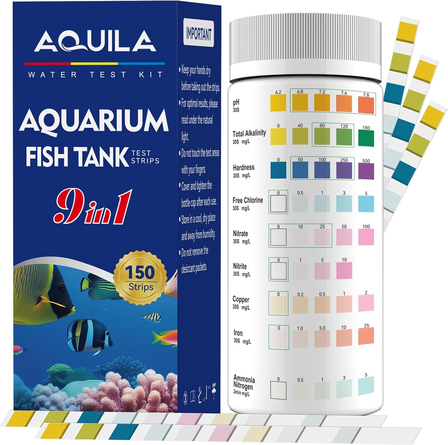 Aquarium Water Test Kit 9-in-1, Aquarium Ammonia Test Strips for Fish Tanks | Fish Ponds, 150CT Fresh and Salt Water Test Strips for pH Total Alkalinity Hardness Chlorine Nitrite Sulfate Copper Iron