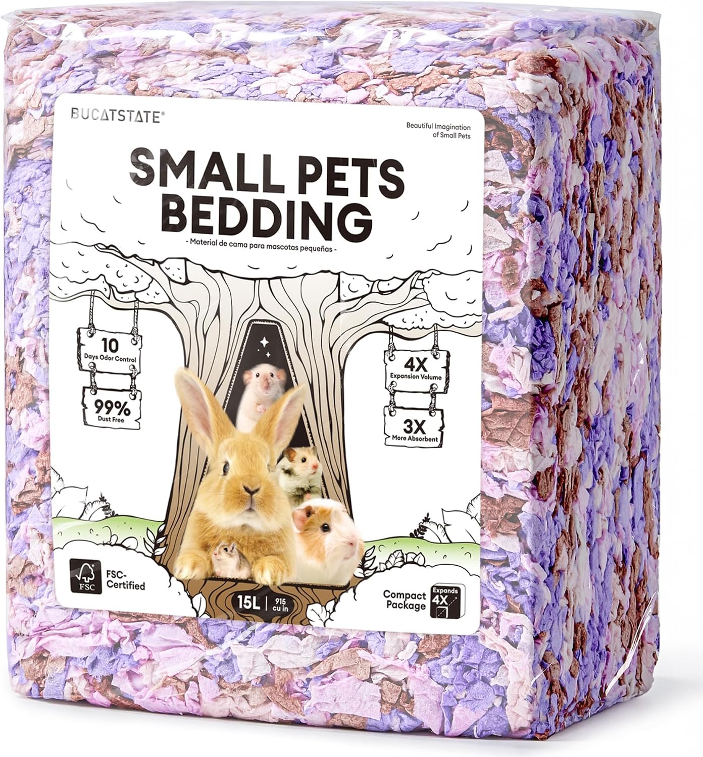 BUCATSTATE Hamster Bedding 15L, 99% Dust-Free Paper Bedding, Wildflower | Vibrant Color Paper Bedding, Compactly Packed to Expand 3X, FSC-Certified Material, Odor Control Bedding for Guinea Pigs