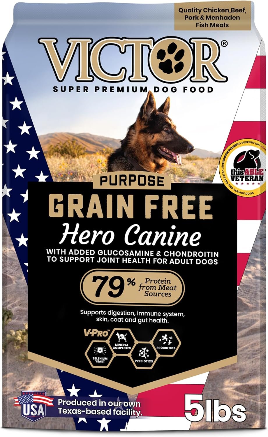 VICTOR Purpose Grain Free Hero Canine Dry Kibble – Active Adult Dogs, 5 lb | Super Premium Dog Food, Gluten Free, High protein With Glucosamine and Chondroitin, Supports Hip and Joint Health, 5lbs