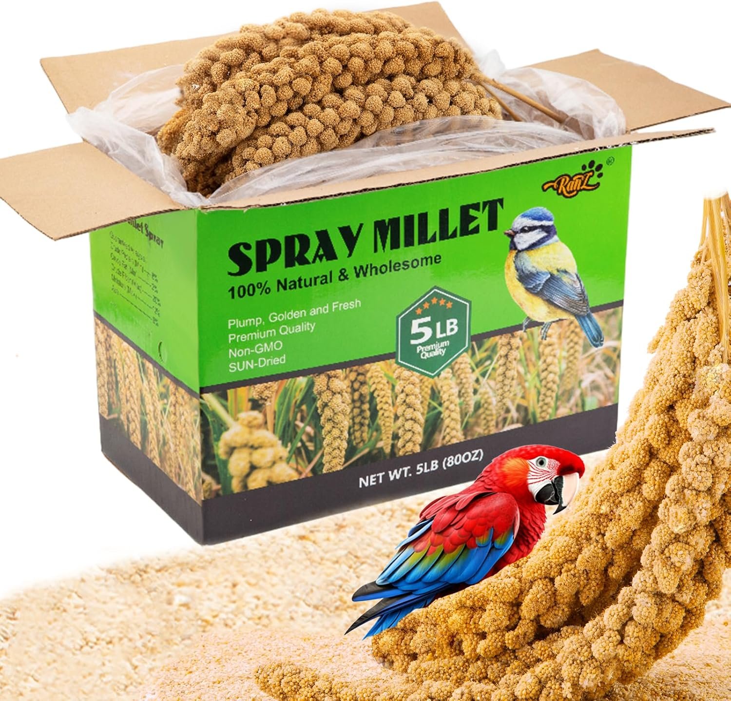 RANZ 5LB Spray Millet for Birds, Natural Sun-Dried Treat for Parakeets & Parrots