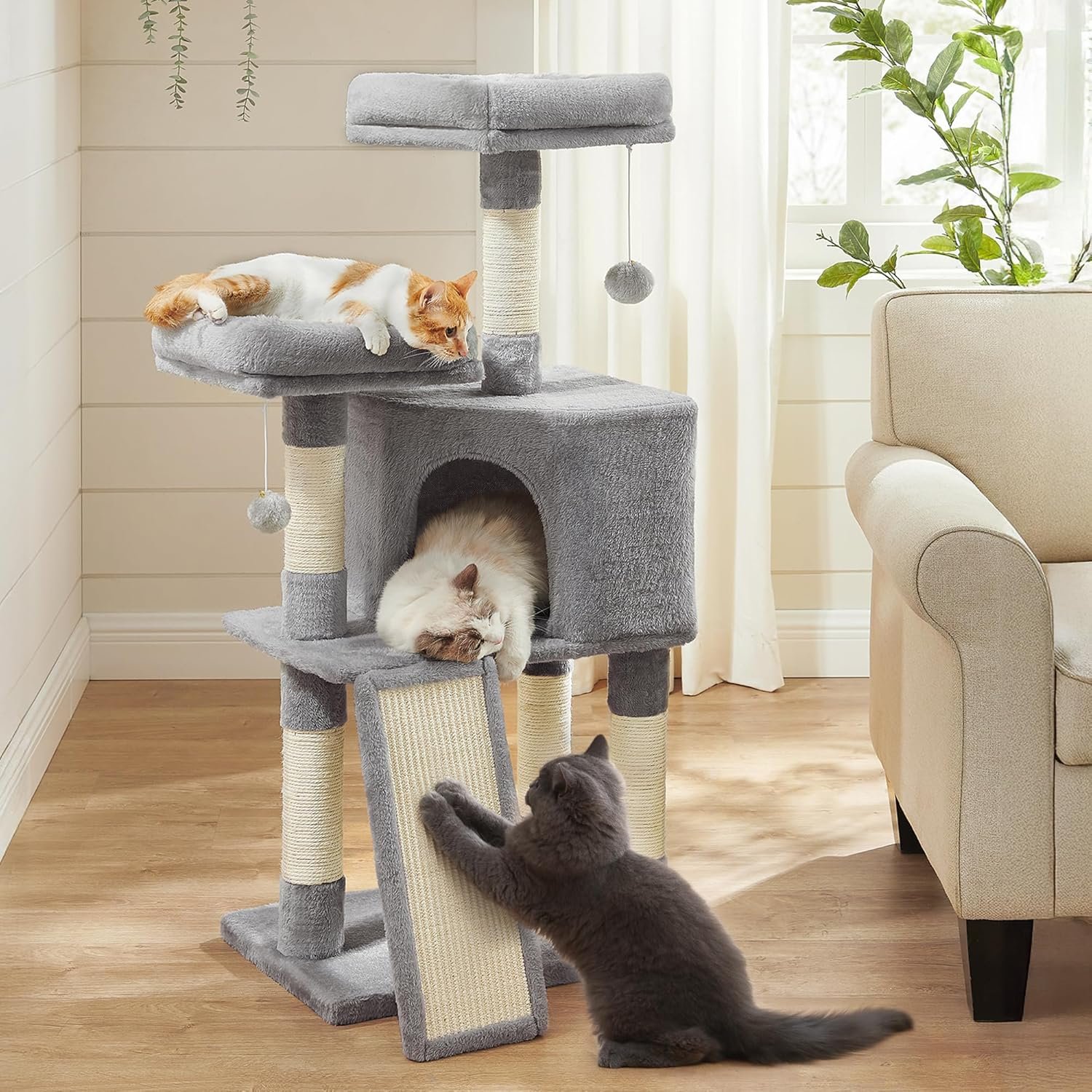 Feandrea Cat Tree, 45.3-Inch Cat Tower, Cat Scratching Post, Light Gray | 45.3-Inch Cat Tower, Plush Condo with Scratching Post, Ramp, Perch, Spacious Cave, Light Gray