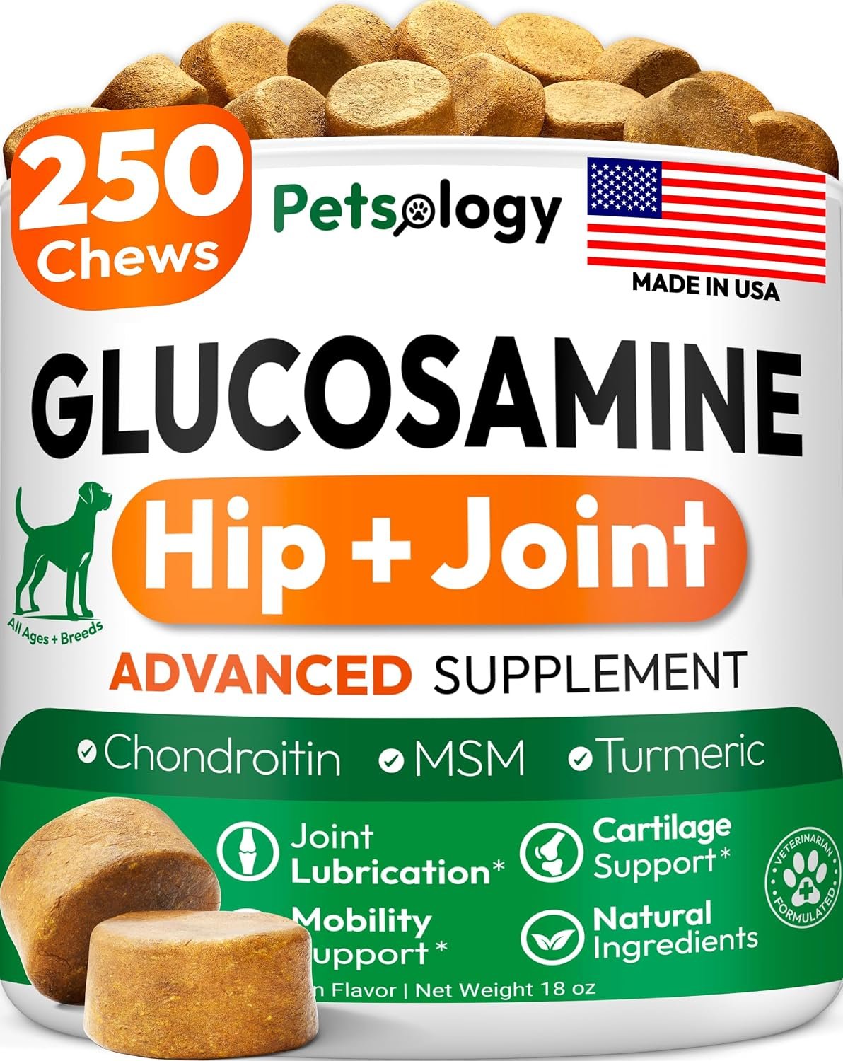 Glucosamine for Dogs – 250 Chews with Chondroitin – Hip and Joint Supplement with MSM – Turmeric – Omega 3 – Joint Pain Relief – Advanced Support for Dog Health – For Large, Medium & Small Breeds