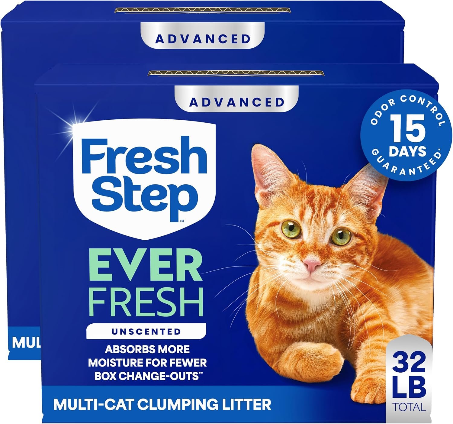 Fresh Step Advanced Ever Fresh Unscented Clumping Cat Litter, 16 lb., 2 Pk | Ultra Absorbent to Last Longer, Unscented, Lowest Dust Formula, Compatible with Most Auto Litter Boxes