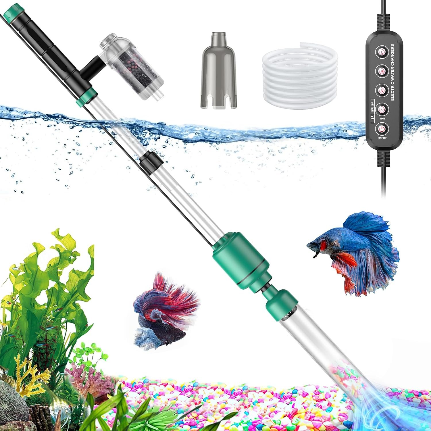 Electric Aquarium Vacuum Gravel Cleaner: 24W Fish Tank Vacuum Gravel Cleaner with Strong Suction for Automatic Water Change Algae Remover Sand Wash Water Shower and Water Circulation, Timed Off | Multifunctional Cleaning Tools, Water Change, Sand Washing, Water Filtration, Glass Cleaning, Adjustable Length, Timed Off