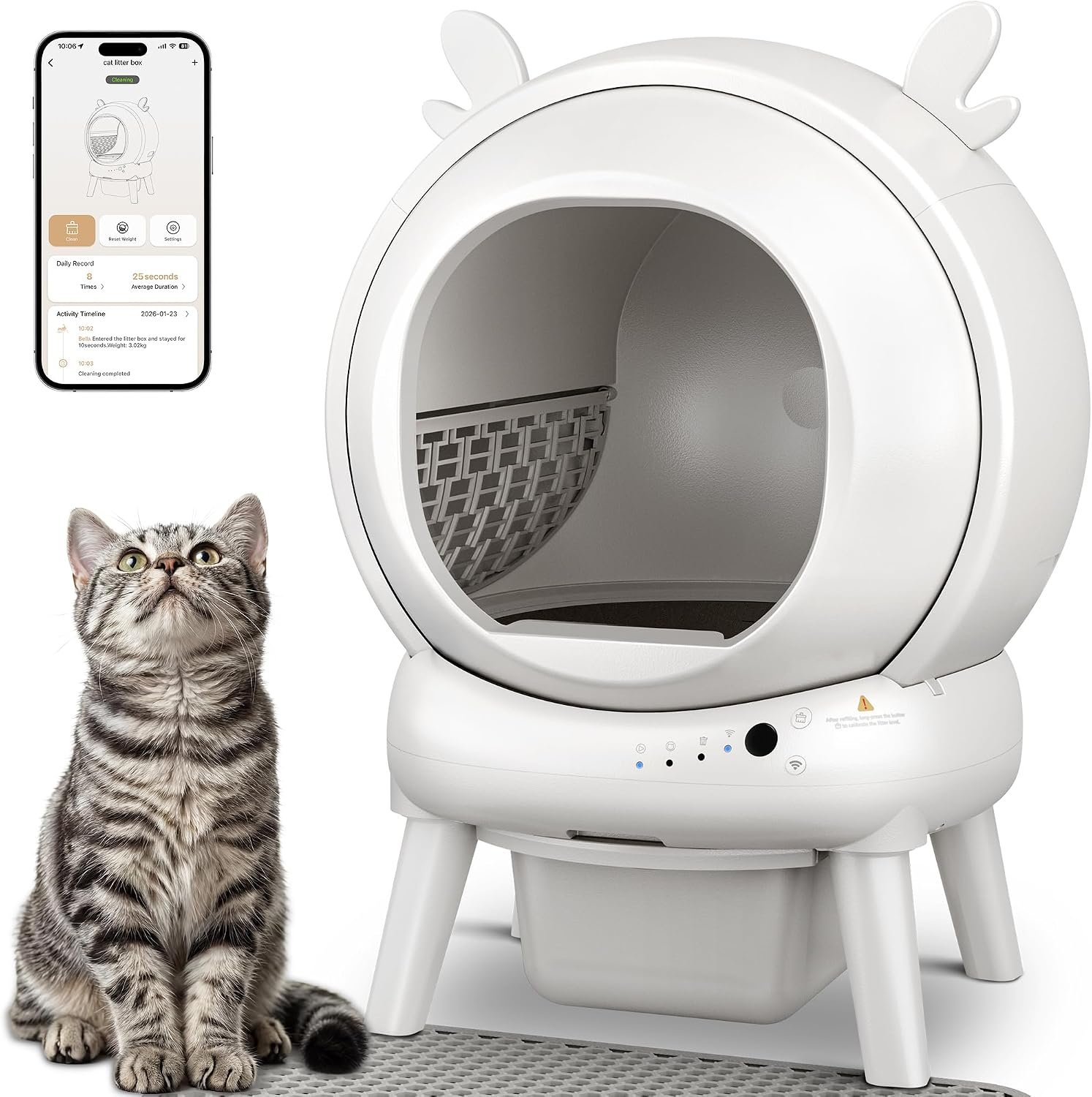 Automatic Self Cleaning Litter Box, Cat Litter Box with APP Control, 65L Globe & Dual Safety Sensors, Robot Litter Box, 1 Roll Garbage Bags and Litter Mat,