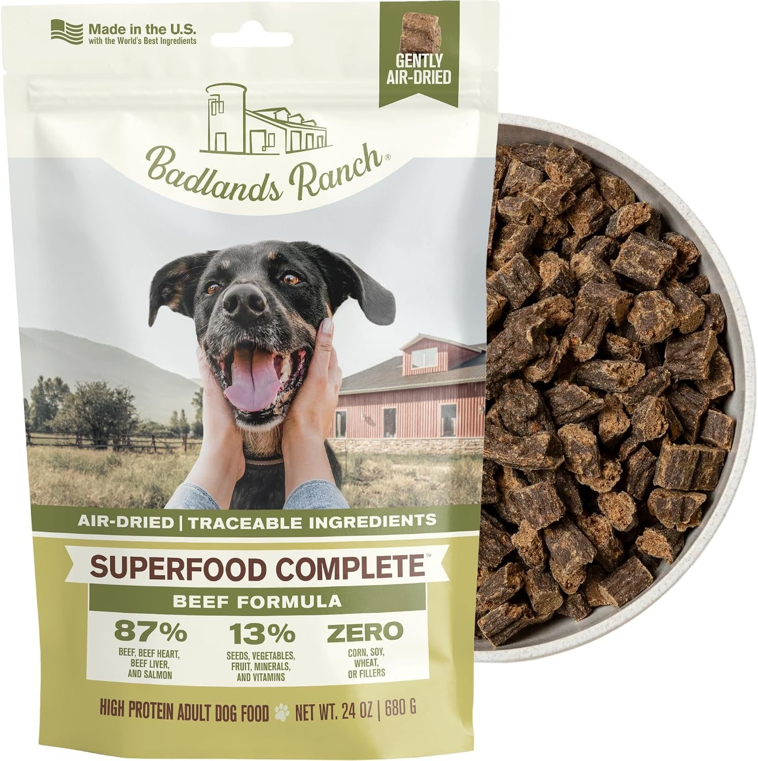 BADLANDS RANCH Superfood Air-Dried Beef Dog Food, 24 oz | premium quality air-dried beef, beef heart & liver; kibble alternative; no corn, wheat, soy or fillers