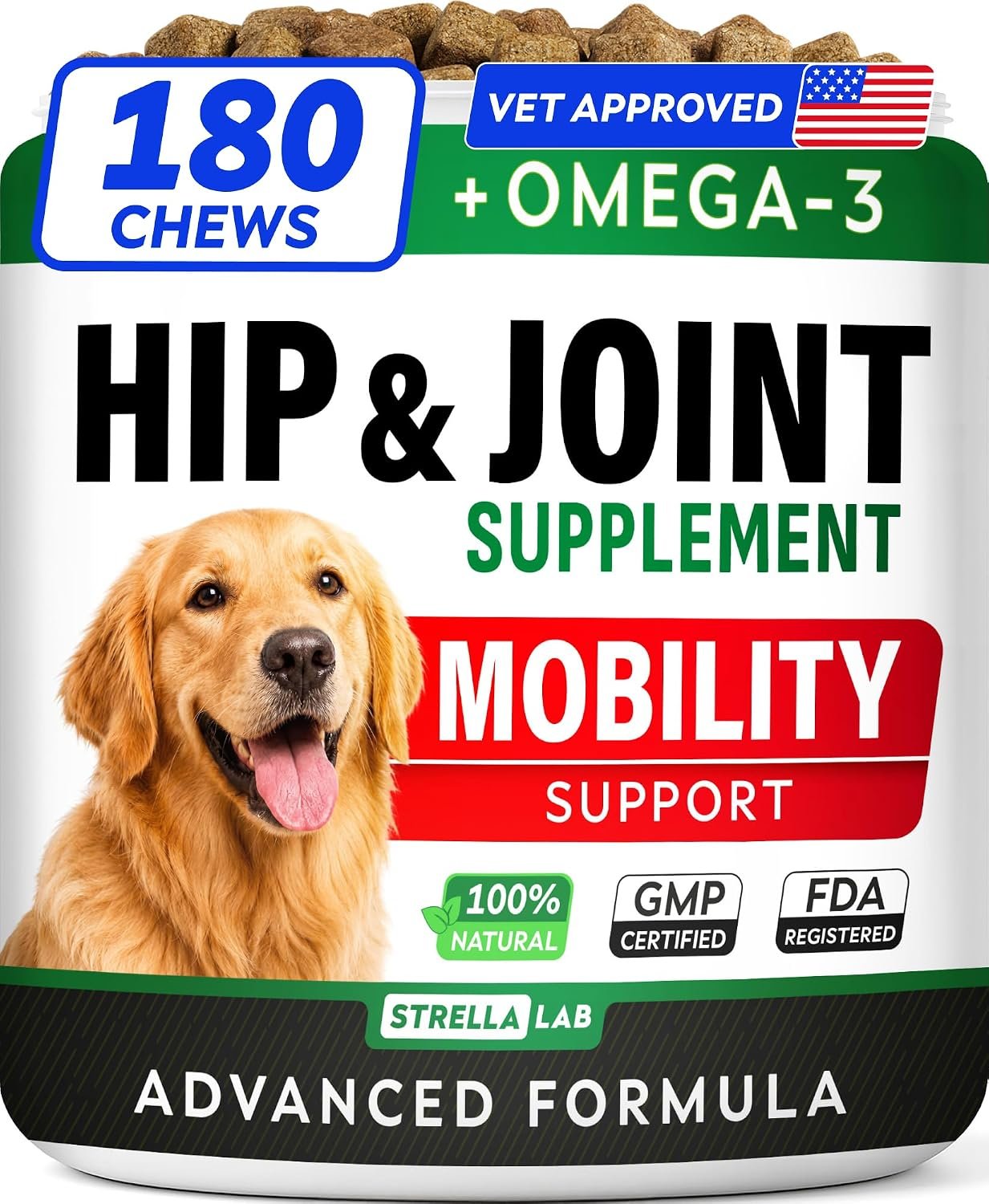 Advanced Hip Joint Supplement for Dogs, Chondroitin & MSM Hip Joint Chews | Made in USA – Supports Hip Joint Mobility w/Omega-3 – Joint Pain Relief – Chewable Treats, All Breeds – Vet-Approved (180Ct)