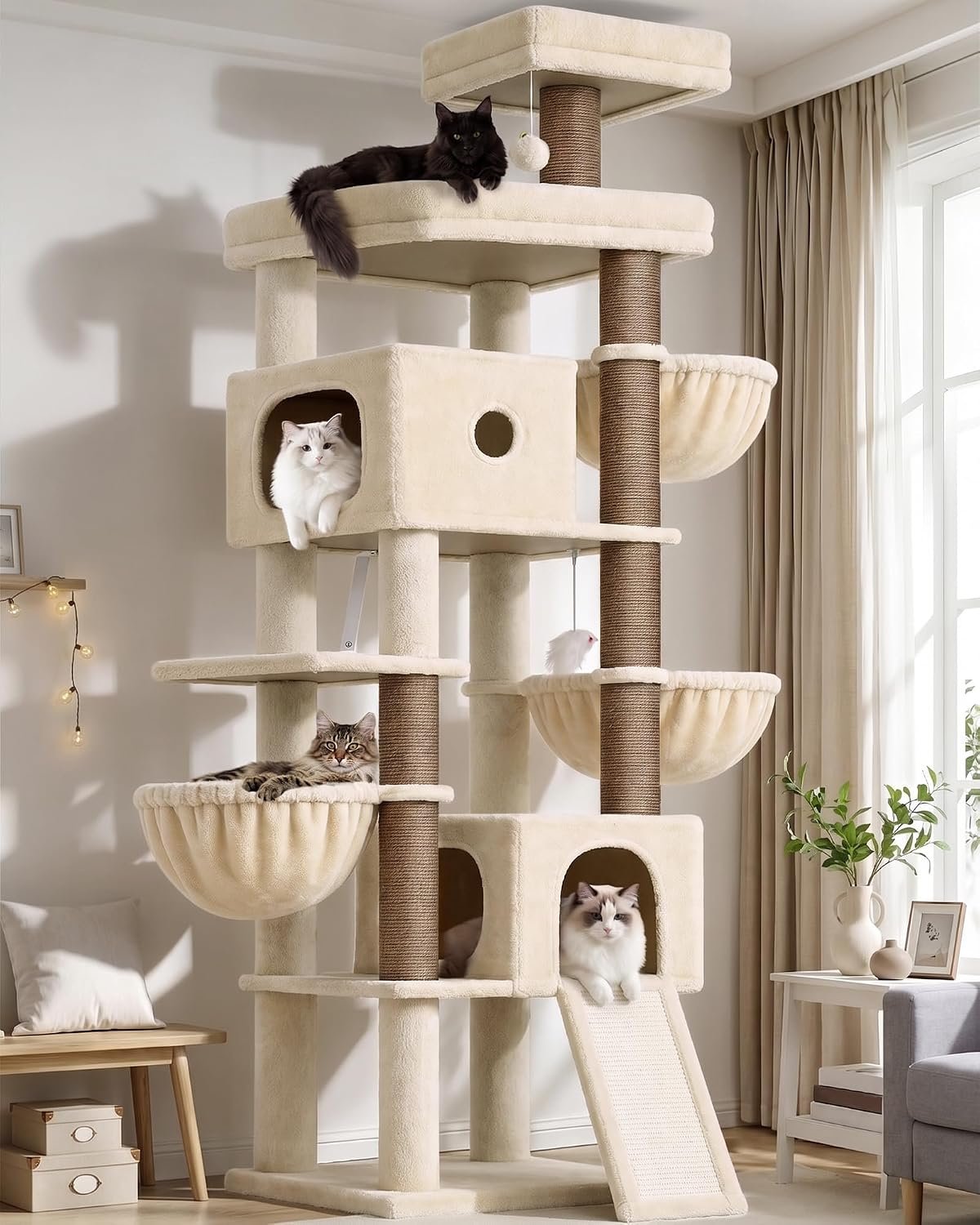 Globlazer F83C Pro Max Heavy Duty Maine Coon Cat Tree, 83in Tall Tower | Easy Assembly, Large Cats, 2 Condos, 3 Hanging Baskets, 2 Perches, 7 Sisal Scratching Posts, Anti-Topple Strap, Beige