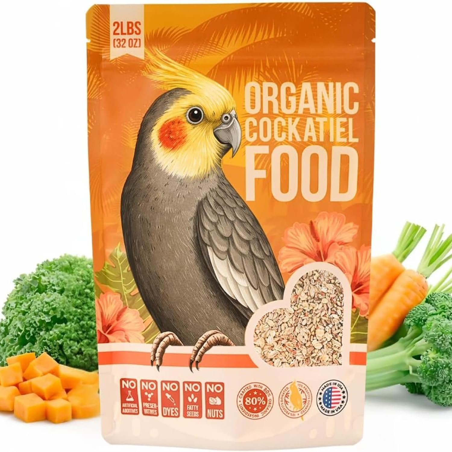 Organic Cockatiel Bird Food – No Fillers, Fatty Seeds, or Dyes – Premium Human Grade Seed Mix, Grain & Wholesome Veggies – Made in USA (2 lbs)